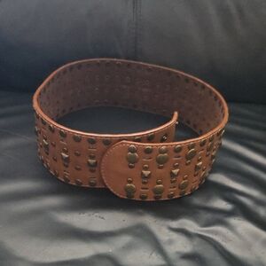 Vintage Y2K Vegan Leather Brown Bronze Studded Belt Ajustable Waist 26/27